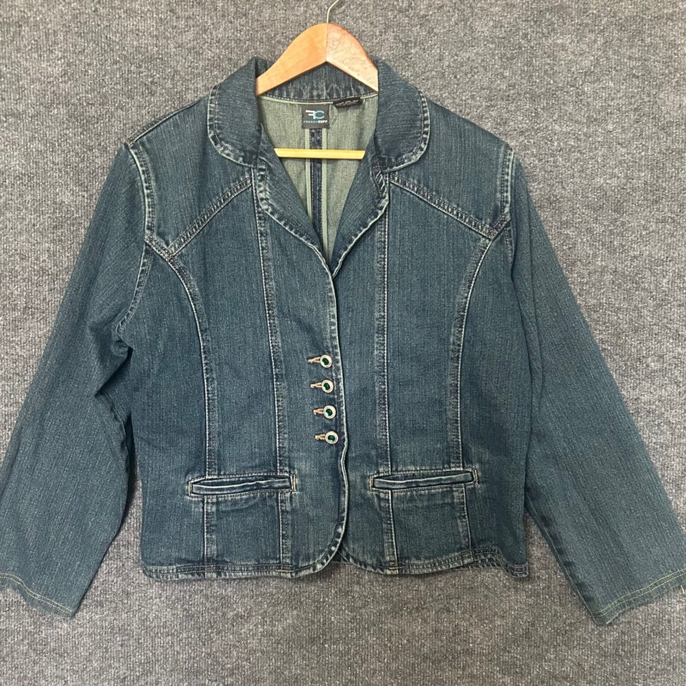 FRENCH‎ CUFF Women XL Blue Denim Blazer Jacket Embellished Button Jean Coat